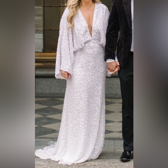 ASOS Ciara White sequin kimono sleeve Wedding Dress - Picture 8 of 12